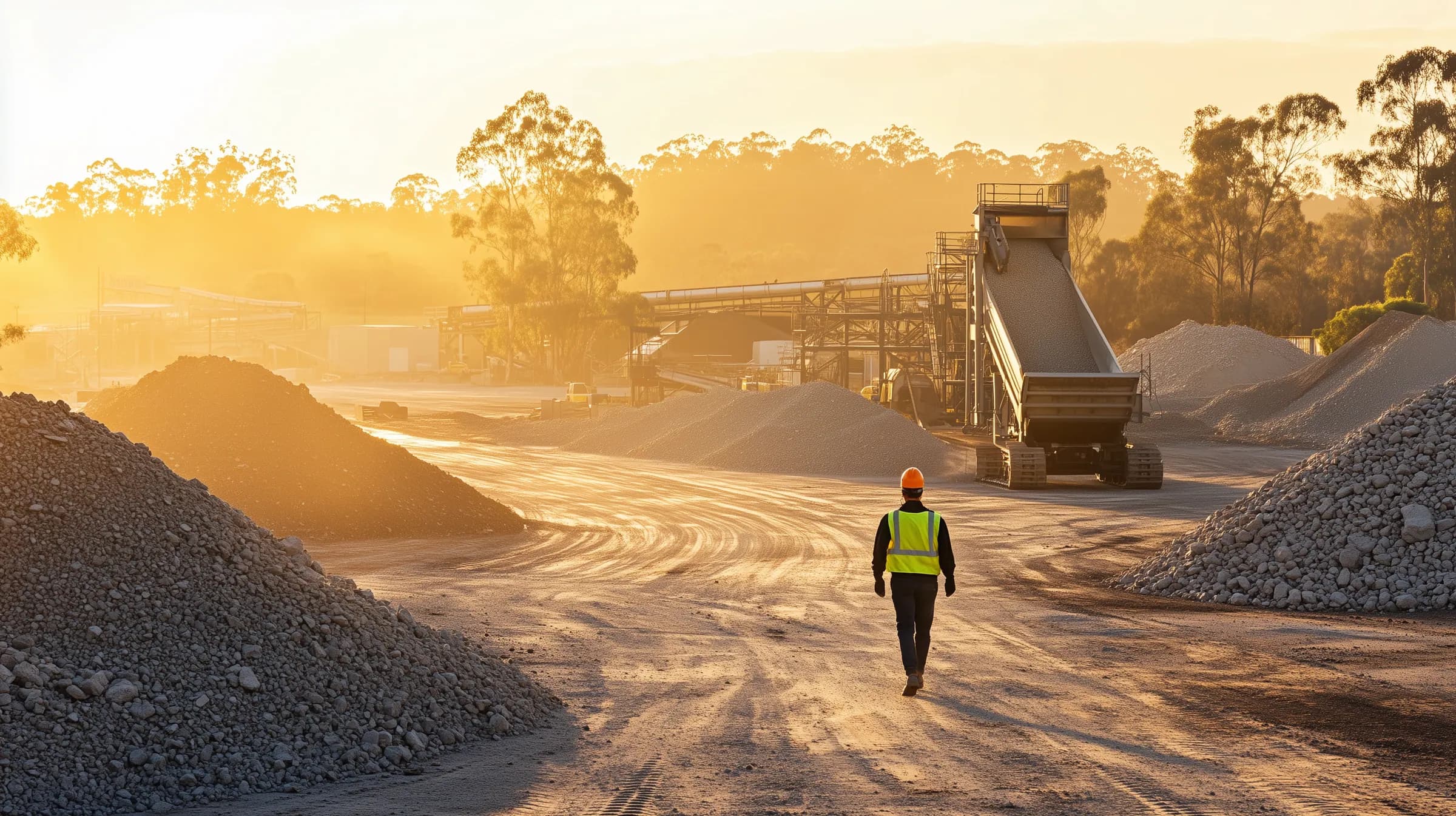 Recycled materials yard in Victoria with mobile crushing circuit and segregated stockpiles