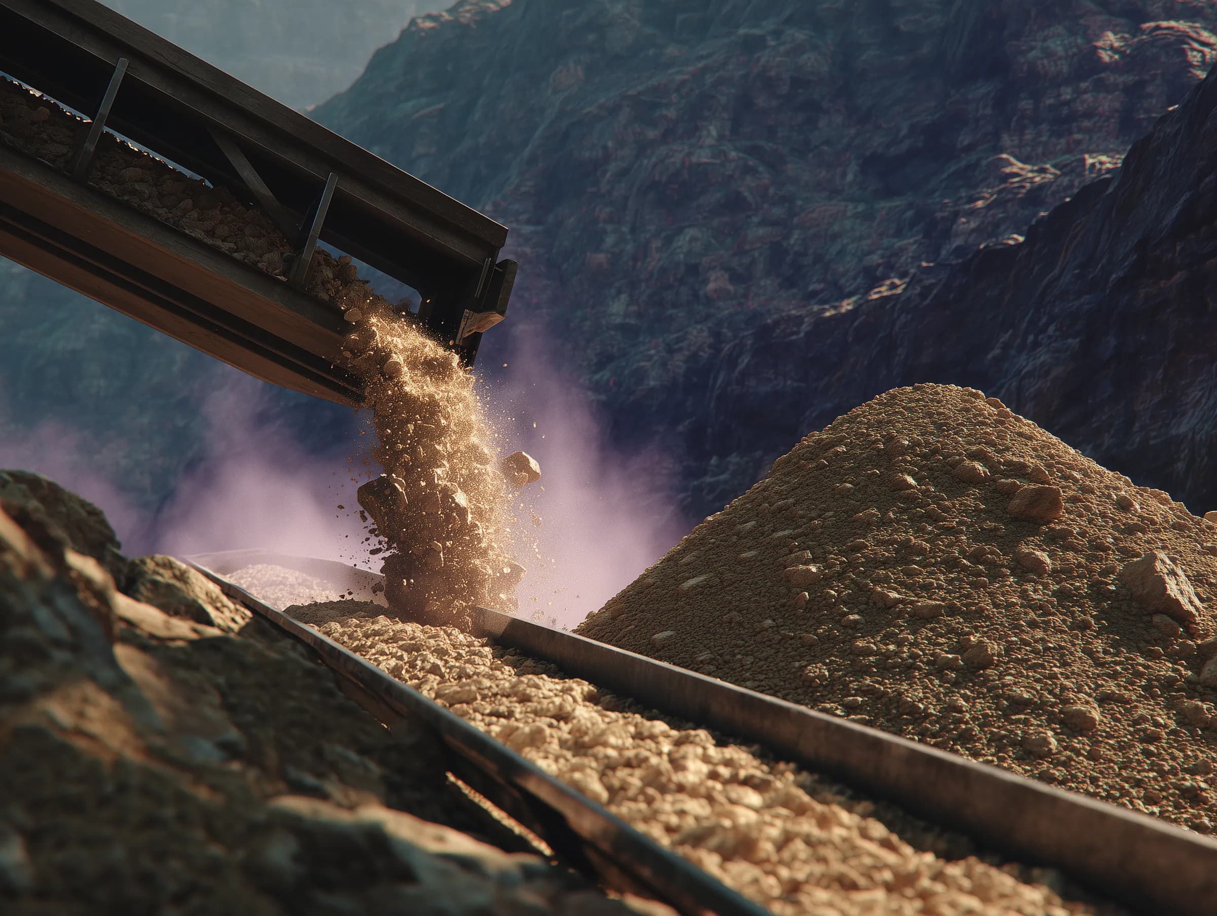 Close-up of conveyor discharging crushed aggregate into a stockpile