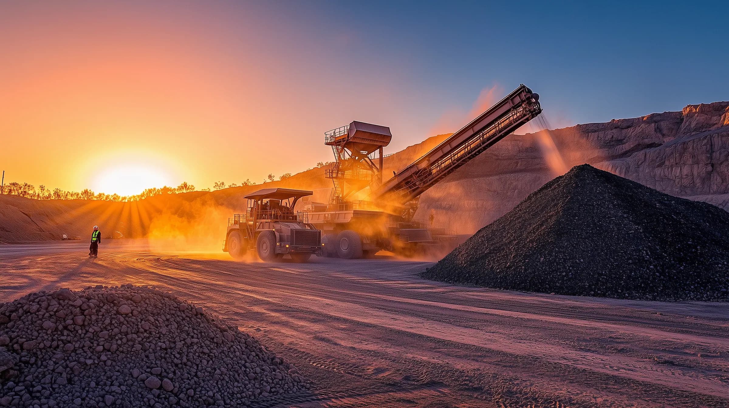 Multi-stage crushing plant operating at dawn with stockpiles and circuit at scale